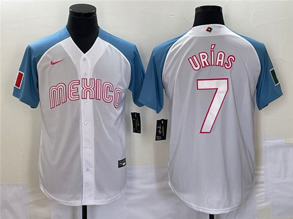 Men's Mexico Baseball #7 Julio Ur??as 2023 White Blue World Baseball Classic Stitched Jersey